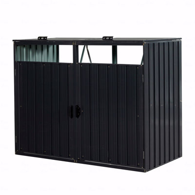 Garbage Bin Shed Stores 2 Trash Cans Metal Outdoor Bin Shed For Garbage Storage,Stainless Galvanized Steel, Bin Shed