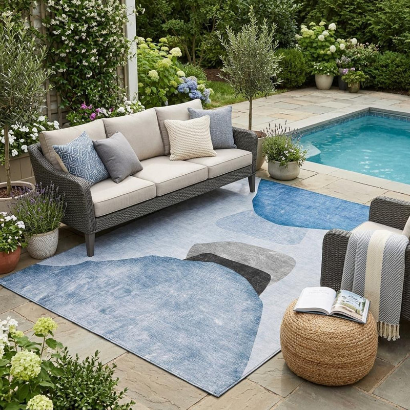 Tapis d'extérieur antidérapant lavable bleu gris et noir 5 pi x 8 pi