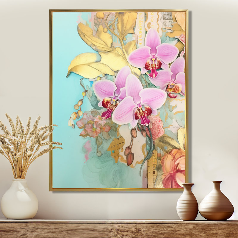 Orchidées roses, délicatesse dorée, bleu rétro - orchidée murale, salon, Cadre flottant doré, bois massif, H 40 po x l 30 po