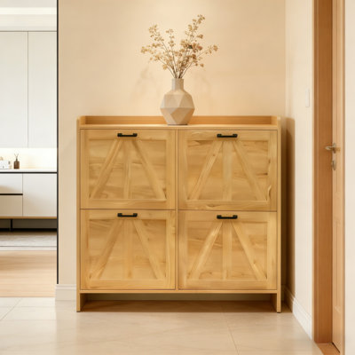 Armoire à chaussures rustique avec porte de grange avec 4 tiroirs rabattables et rangement élégant pour le salon