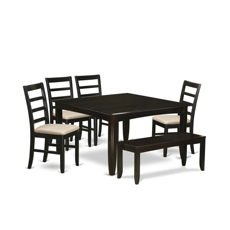 Ensemble de salle à manger 6 pièces comprenant une table carrée avec rallonge papillon et 4 chaises de salle à manger en lin avec banc, 137 x 137 cm, cappuccino
