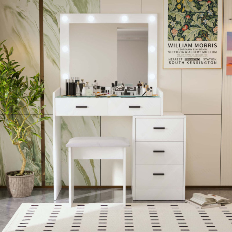 Coiffeuse réglable avec 5 tiroirs, lumières DEL et miroir coulissant pour ranger le maquillage