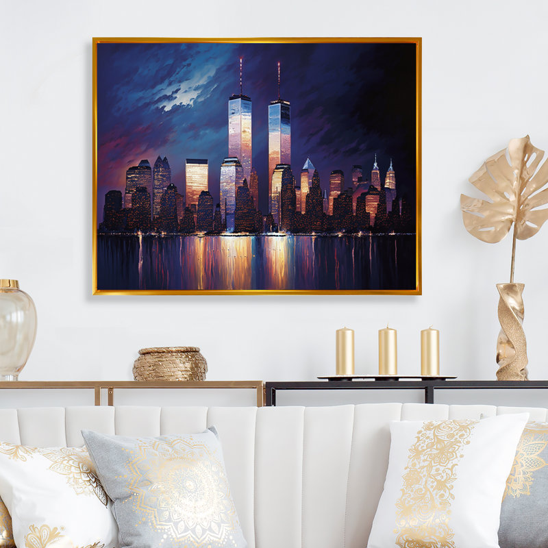 Skyline I - reproduction sur toile, L 32 po x H 16 po, Toile avec cadre flottant or