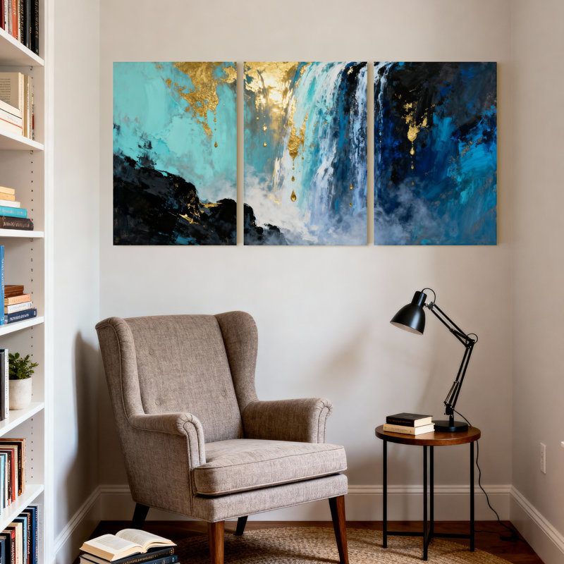 Abstrait abstrait bleu, or, noir, ensemble de 3 reproductions d'art sur toile, H 18 po x l 36 po