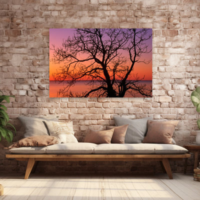 View Of Ocean Through Silhouetted Tree Branches Dawn Maryland Usa. Tranquil Abstract Contemporary Nature Ocean Art
