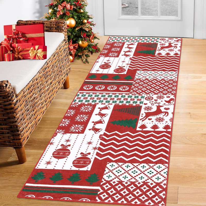 Tapis de Noël en patchwork avec rennes et flocons de neige, 2X10 FT
