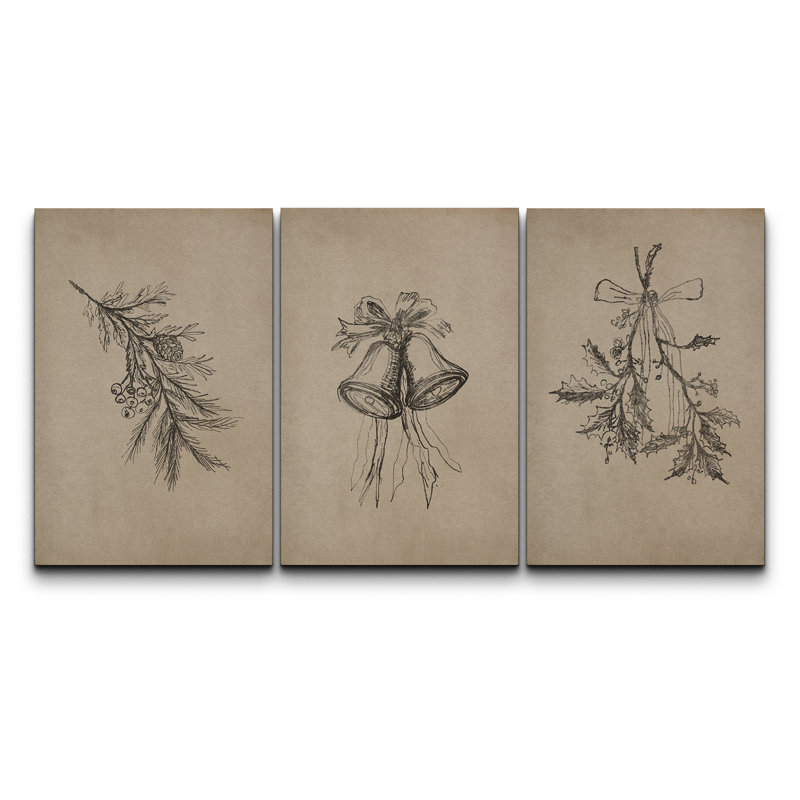 «Vintage Christmas Botanical Trio with Pine, Bells and Holly Art», reproduction d'art sur toile encadrée 3 pièces