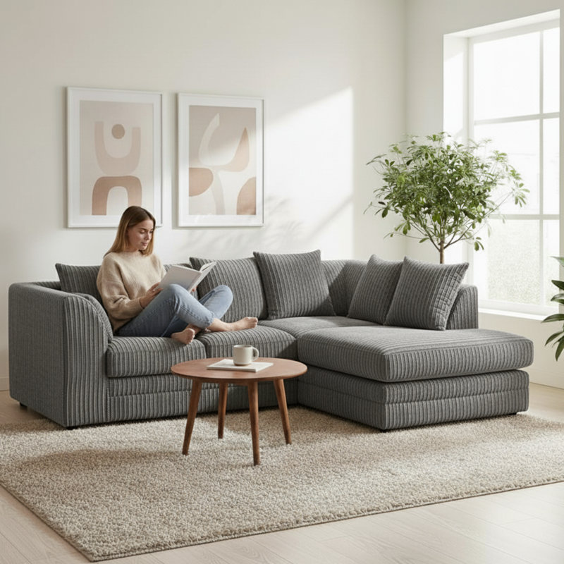 Jumbo Cord Upholstered Corner Sofa Small Back Cushion with Foot Stool , Right Hand Facing, Grey