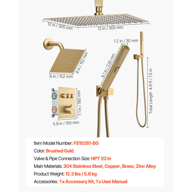 Ensemble de robinet de douche, système de douche de pluie thermostatique de plafond de 12 pouces avec tête de fixation murale de 6 pouces et douchette portative 2 en 1, ensemble de garniture de valve à double tête de pluie en laiton à 3 fonctions, or brossé