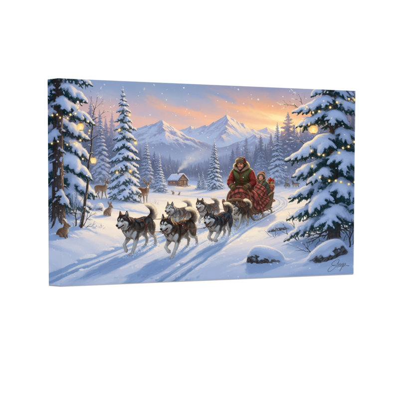 Paysage d'hiver de Noël avec traîneau et chiens, H 12 po x l 18 po