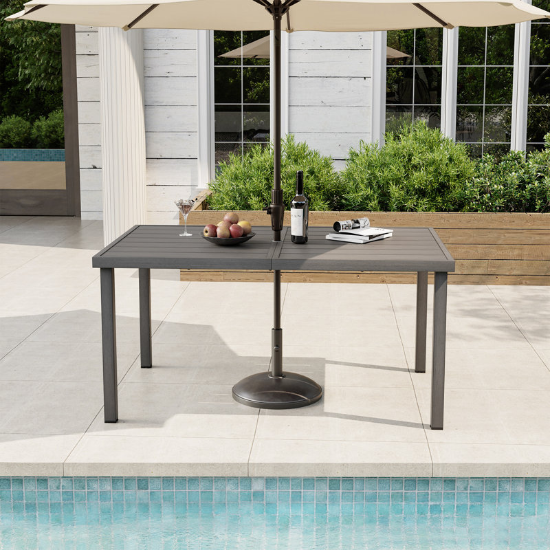 Heidrick 60" Rectangular Gray Aluminum Outdoor Dining Table With 2 In. Umbrella Hole, 28.7" H x 59.8" W x 36.2" D