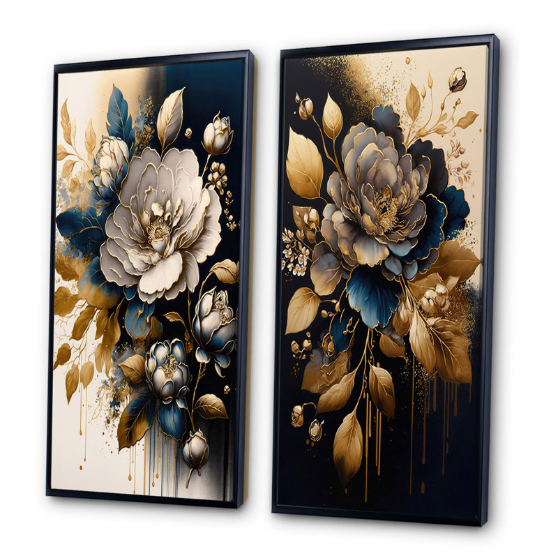«Black and Gold Camellia Bouquet I», 2 pièces sur toile, Cadre noir, H 32 po x l 32 po