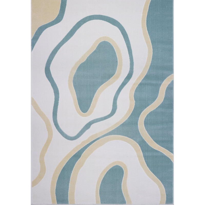 Tapis abstrait blanc/bleu Fritch, Rectangle 5 pi 3 po x 7 pi 7 po