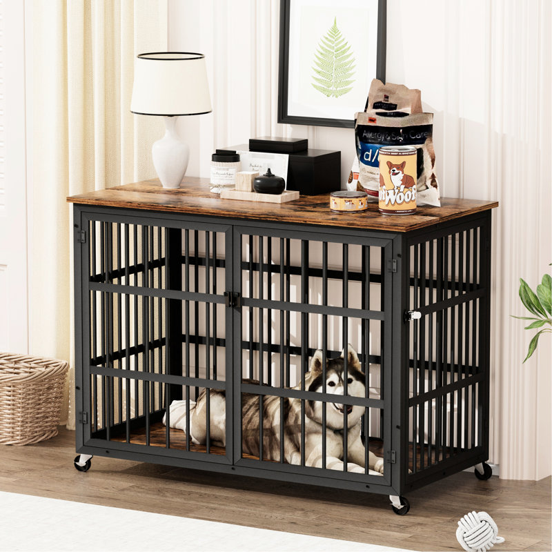 Cage pour chien de style meuble brun l 43,3 po x P 29,9 po x P 33,5 po, vue dégagée pour surveiller votre animal de compagnie, ouverture par le haut, cadre en fer, entrée à double porte, mouvement des roues, installation rapide, bon