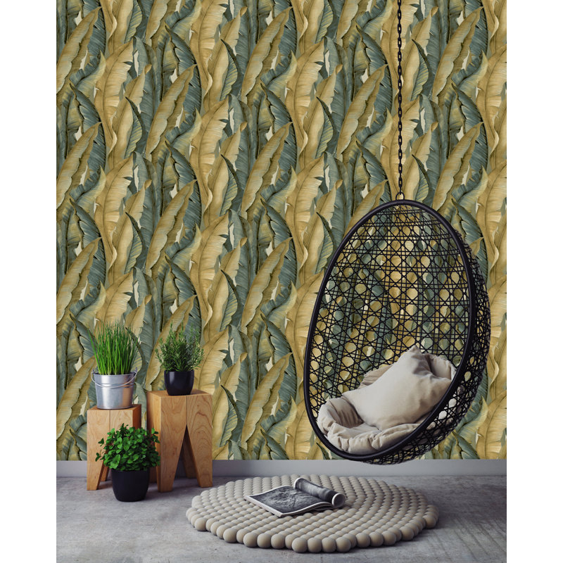 Abhia Malay Tropical Leaves 10.05m x 53cm Textured Matte Wallpaper Roll, Blue/Tan