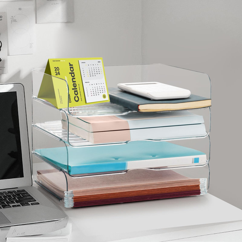 Organisateur de bureau et rangement, organisateur de bac à papier en papier à 4 niveaux, organisateur de bureau transparent empilable pour documents, transparent