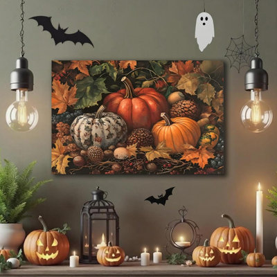 Art mural citrouille d'Halloween vintage encadré, images de citrouilles de récolte, mur d'automne pour le salon, art de citrouille d'automne rustique, impressions sur toile uniques, prêtes à être accrochées