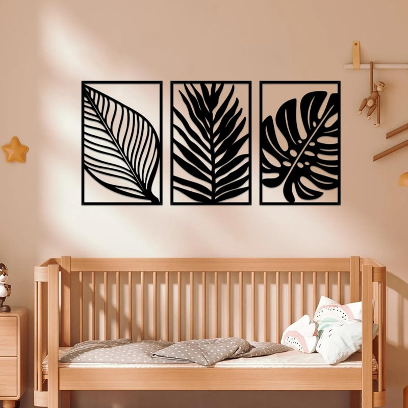 Boho Metal Leaf Wall Art Decor, Rustic Palm Leaf 3 Pcs 43 x 28 cm for Bedroom, Black