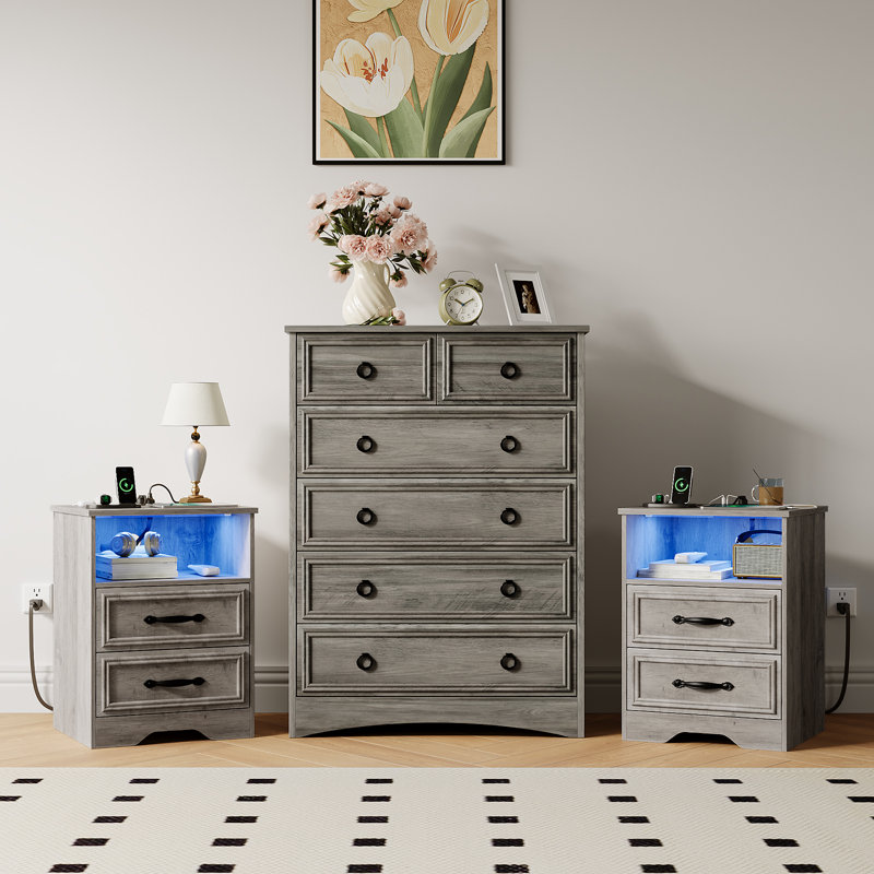 Ensemble de commode de chambre 3 pièces - Grande commode 6 tiroirs et deux tables de chevet 2 tiroirs avec station de charge, gris délavé