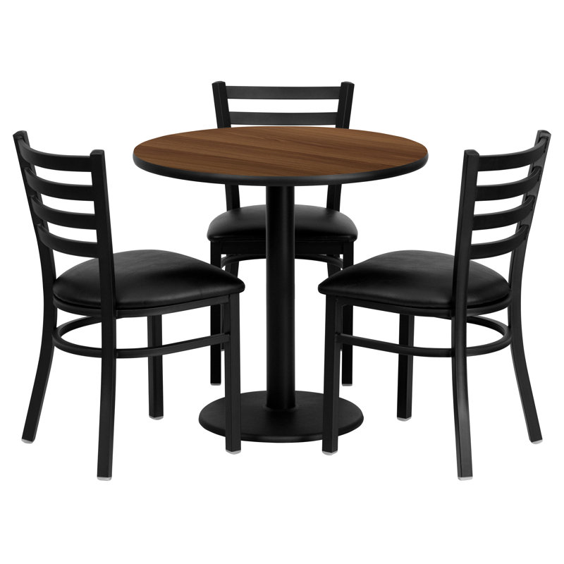 Clark 30" Round Walnut Laminate Table Set with 3 Metal Chairs - Vinyl Seat