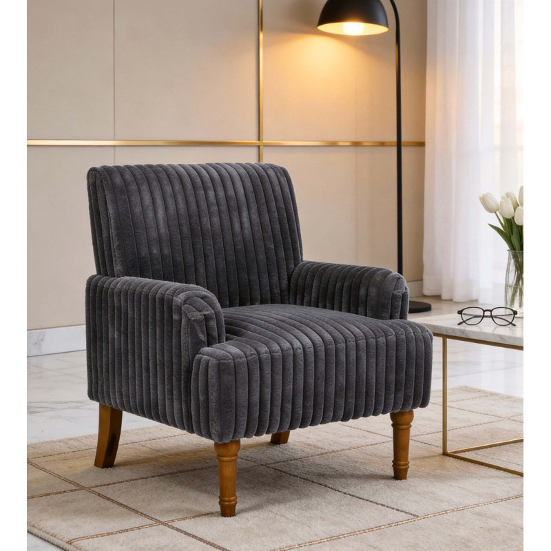 Chaise d'appoint moderne en velours côtelé gris foncé de 2 po de largeur avec pieds en bois massif de 9 po et fauteuil rembourré confortable pour le salon