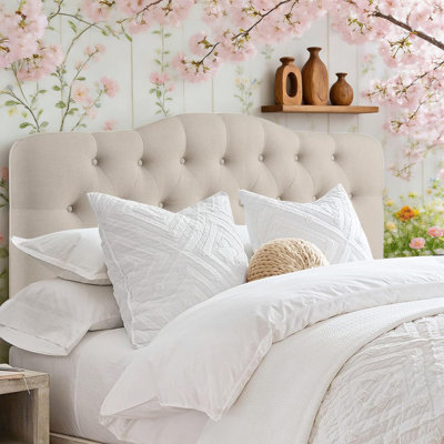 Tête de lit capitonnée rembourrée à oreilles, tête de lit en bois massif avec pieds en bois, tête de lit à hauteur réglable de 35 po à 45 po, tête de lit en tissu de conception moderne à boutons, beige
