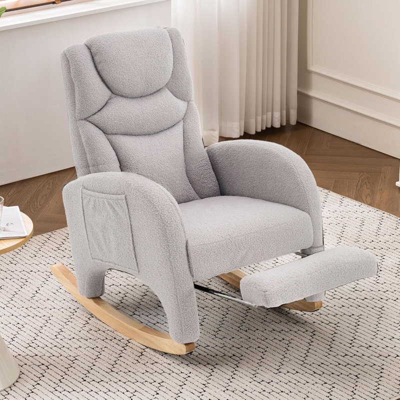 Rocking Chair Nursery, Modern Glider Chair with Adjustable Footrest and Solid Wood Legs, Grey