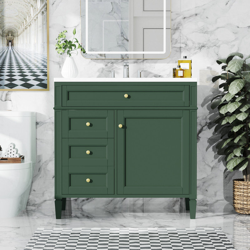 Meuble-lavabo 36 po avec évier supérieur, 2 tiroirs, tiroir basculant, meuble-lavabo simple moderne, Vert