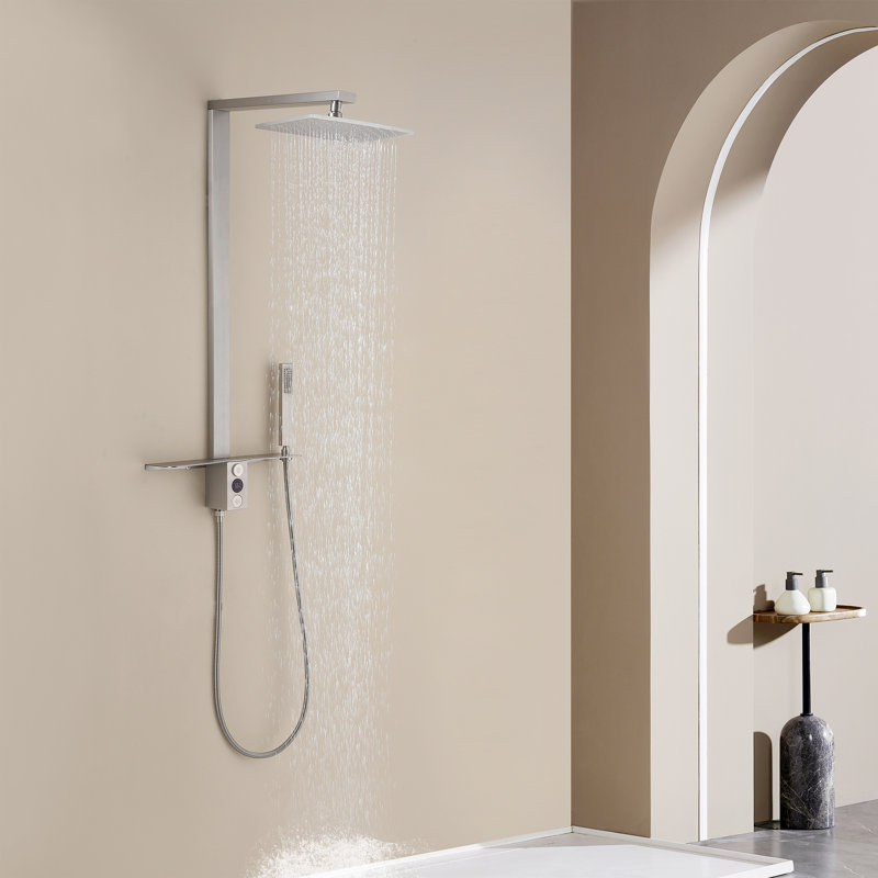 Système de douche mural de 91 cm (36 po) avec tablette de rangement, vanne inverseuse, pomme de douche à effet pluie orientable et douchette à main