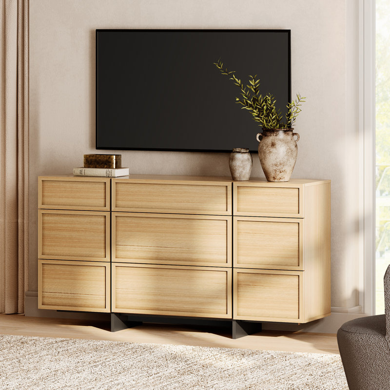 Maisonet Modern TV Stand For Tvs Up To 70 Inch, Entertainment Center TV Console Table With 9 Drawers And T-Shaped Wood Legs, Media Console For Living Room, Bedroom,