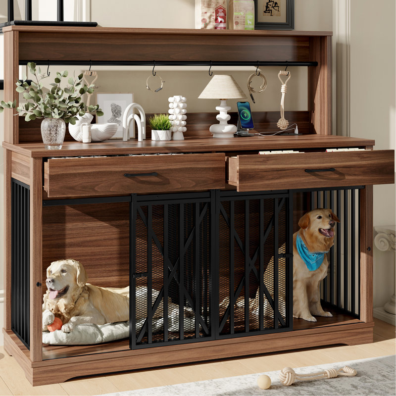 Meuble de rangement pour chien de 55,1 po pour grands ou 2 chiens de taille moyenne, table cage robuste avec 2 tiroirs et tablettes de rangement, meuble télé, table de bout pour 2 chiens avec verrous séparateurs
