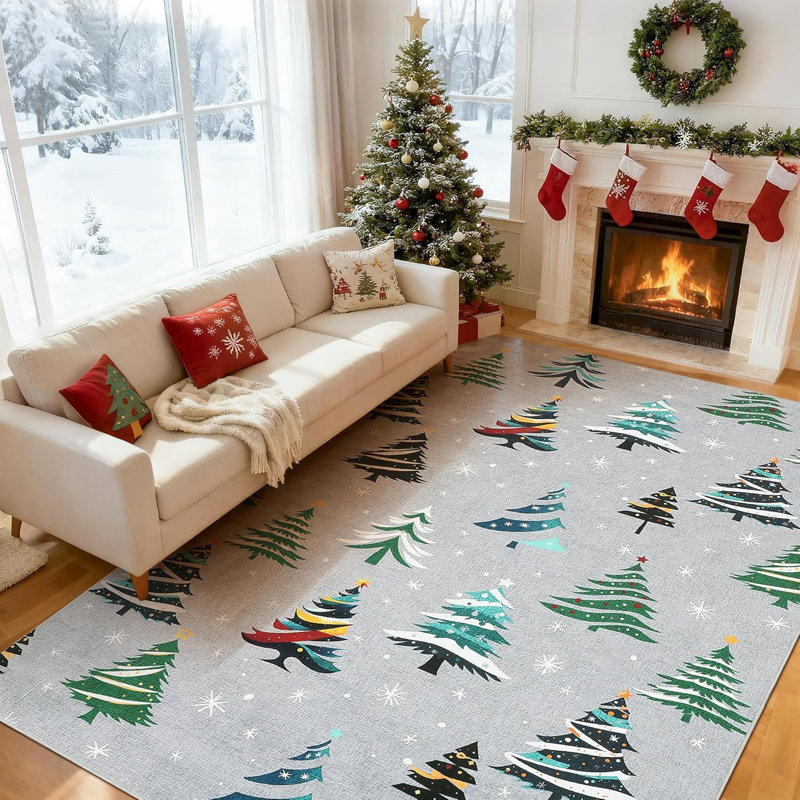 9x12 Christmas Area Rug with Xmas Tree Pattern, Washable Non Slip Rug for Living Room, Grey, Gray, Rectangle 9' x 12'