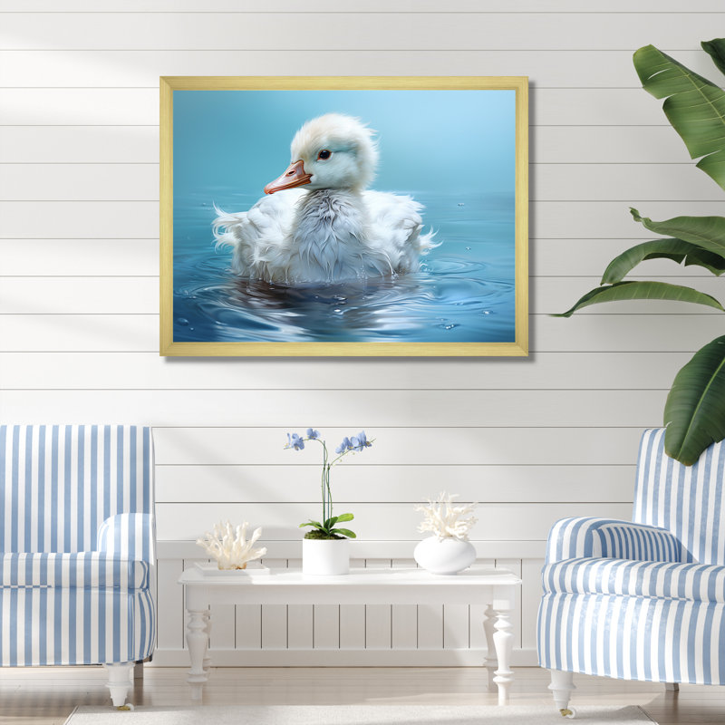 «Blue Duck», art mural canard bleu et blanc, Cadre doré à coins fermés, H 24 po x l 32 po x P 1 po
