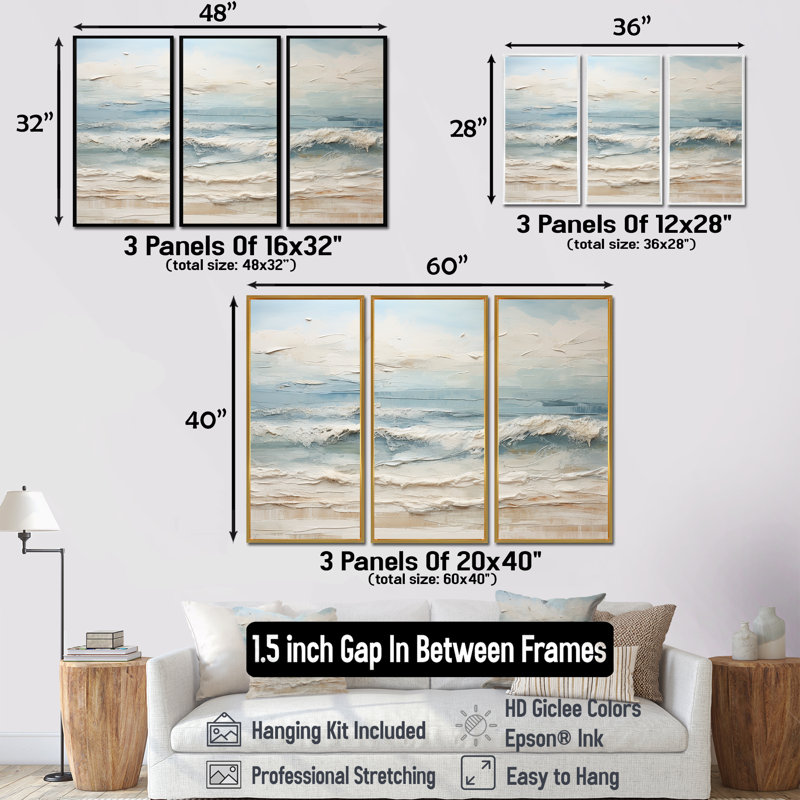 Robitaille - Ensemble d'art mural plage, H 40 po x l 60 po x P 1 po, Cadre flottant blanc