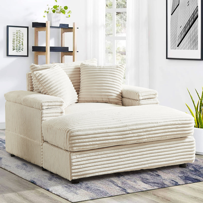 Chaise longue rembourrée Rodson, Velours côtelé beige