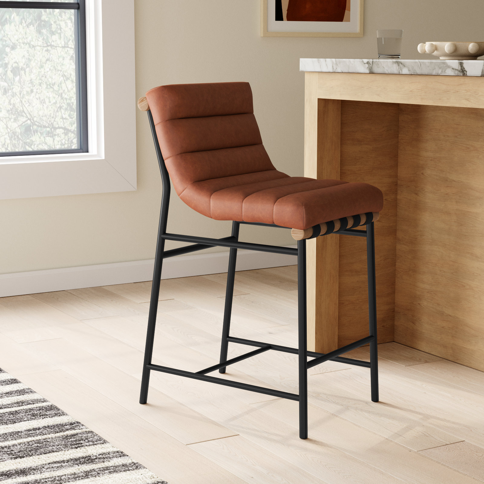 Vincentas Bar and Counter Stool, Cognac Faux Leather, Counter Stool (26.4" Seat Height)