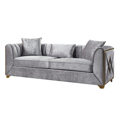 Revêtement moderne en velours argenté à 3 places, structure en bois massif, accents dorés, 91 po de largeur, 36 po de profondeur, 31 po de hauteur, espace de vie principal avec espace