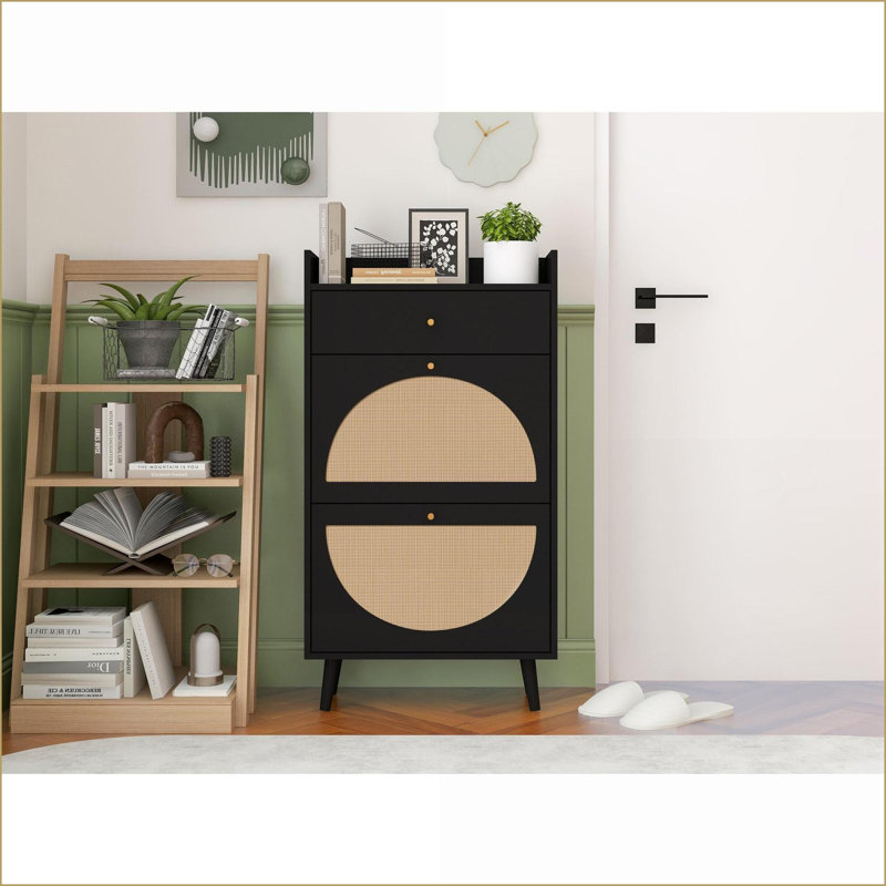 Shoe Cabinet 2-Door 1-Drawer Engineered Rattan with Pine Feet | Entryway | Traditional