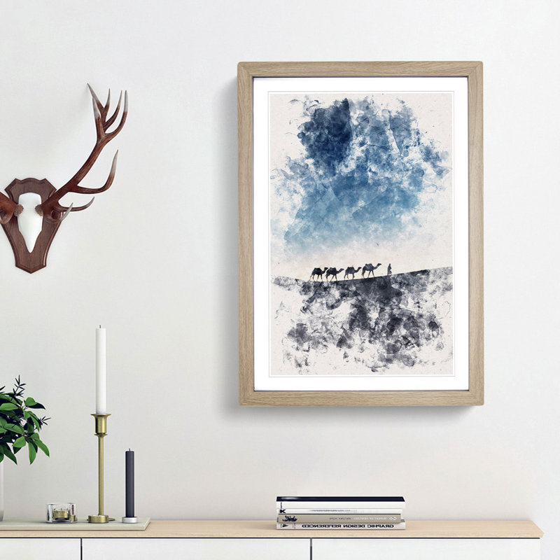 Camels Trekking In Morocco Watercolour - Picture Frame Graphic Art, 45cm H x 33cm W x 2cm D, Oak Framed