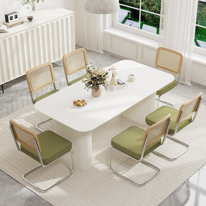Ensemble de table de salle à manger rectangulaire à double piédestal, Vert, 7, Blanc
