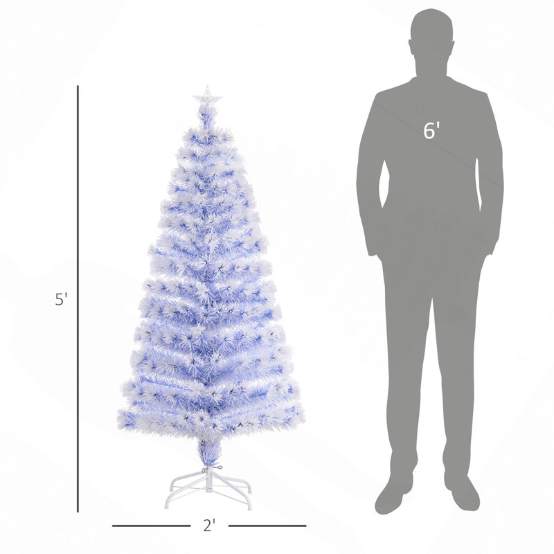 Sapin de Noël de 5 pi de hauteur pré-éclairé avec branches réalistes, lumières DEL multicolores, fibre optique et 180 pointes - blanc / bleu