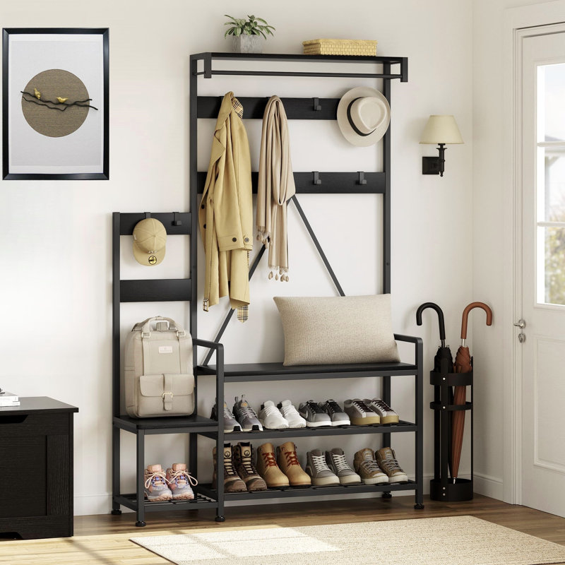 Parent-Child Industrial Hall Tree: Coat Rack Shoe Bench with Storage Cubbies, Hooks & Top Shelf, Black