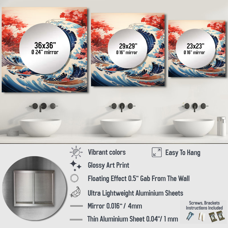 «Master Great The Red Great Of Kanagawa II» - Miroir carré pour décor mural, 29 po x 29 po