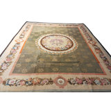 Antique Aubusson French Medallion Flat Weave Rug
