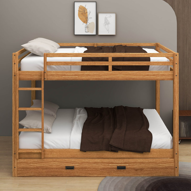 Queen Size Bunk Bed With Ladder And Trundle, Wood Color