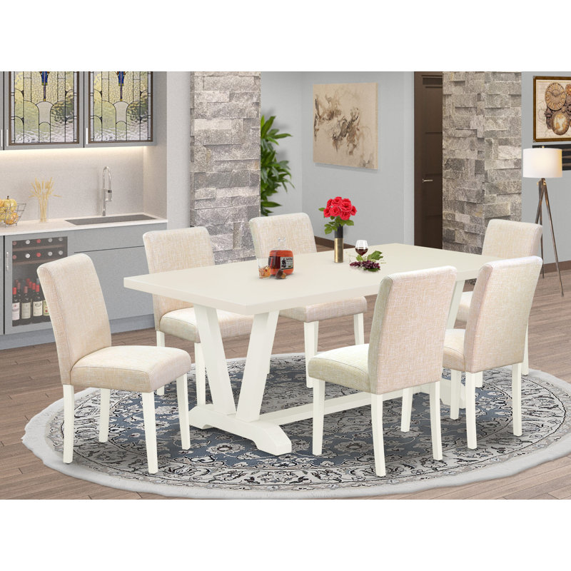 Ensemble de salle à manger 7 pièces avec plateau de cuisine en lin blanc et 6 chaises Parson beige clair avec dossier haut en lin blanc brossé.
