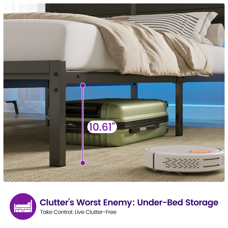Deviana Metal Bed with Headboard and Charging Station, LED Light Included, Full, Black