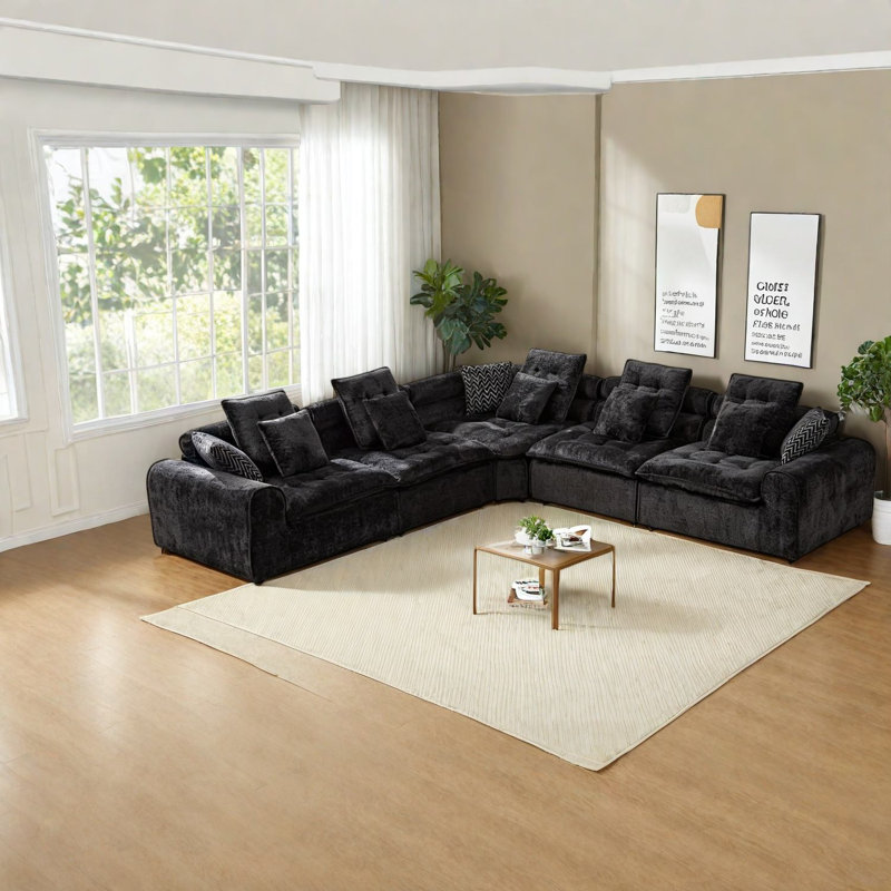 Canapé d'angle surdimensionné en boucle noire, canapé modulaire moderne 5 places en forme de L pour la maison, Noir