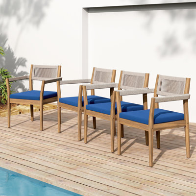 Chaises de salle à manger d'extérieur en bois d'acacia tressé - aspect teck avec corde et coussins, accoudoirs - meubles de patio toutes saisons pour le jardin, la piscine et la cour