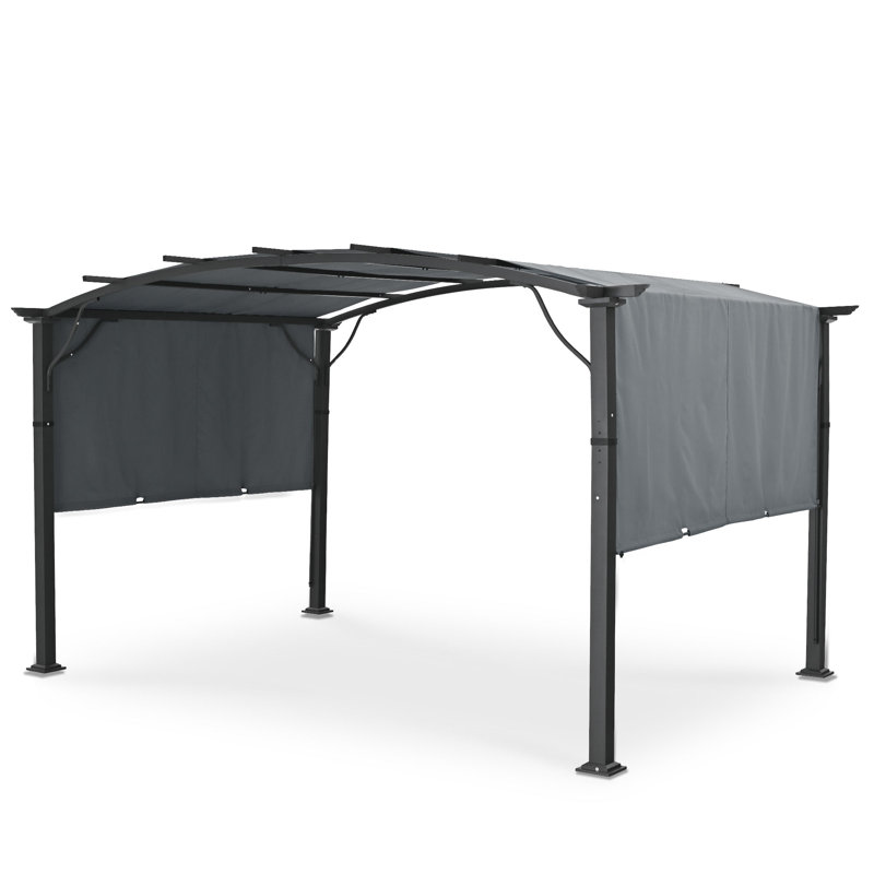 Aluminum Outdoor Pergola with Slightly Arched Canopy and Retractable Shade, Gray, 13.15 ft x 9.1 ft